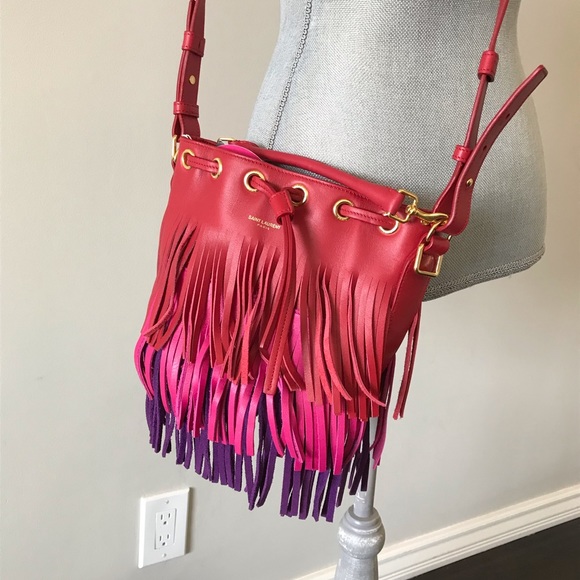 YSL-Red Tricolor Emmanuelle Fringe Bucket Bag - Picture 5 of 8